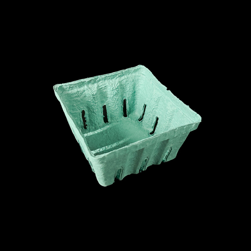 A mint green 1 quart pulp container for berries.