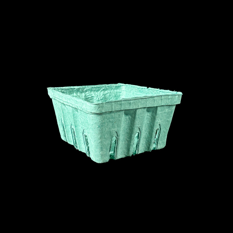 A mint green 1 quart pulp container for berries.