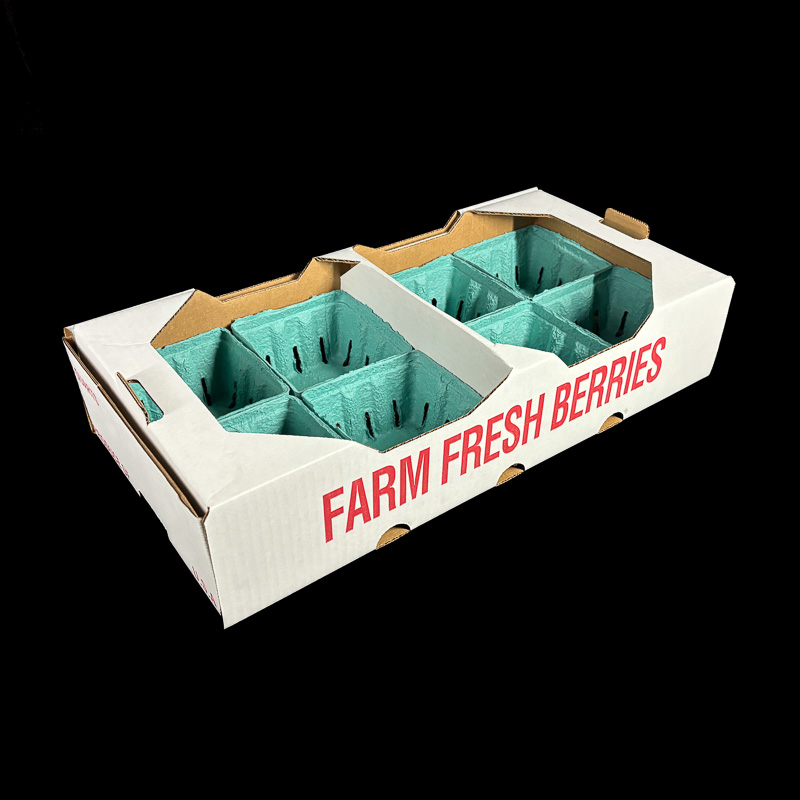 An open top handhold box for holding 8 quart pulp containers for berries.