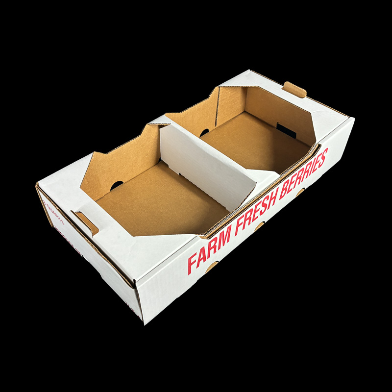 An open top handhold box for holding 8 quart pulp containers for berries.