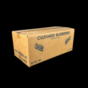 A corrugated bulk box for 30 pounds of fresh blueberries.