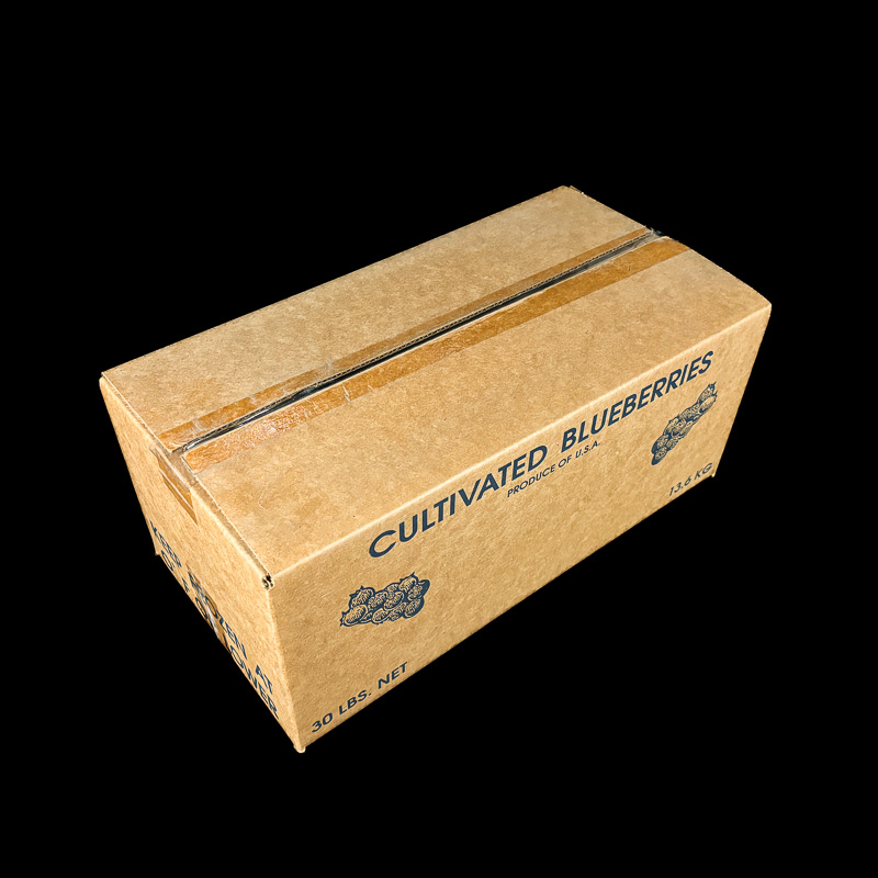 A corrugated bulk box for 30 pounds of fresh blueberries.