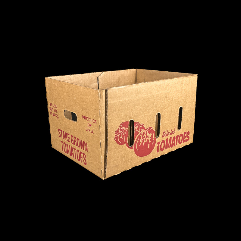 A bulk box for 25 pounds of fresh tomatoes.