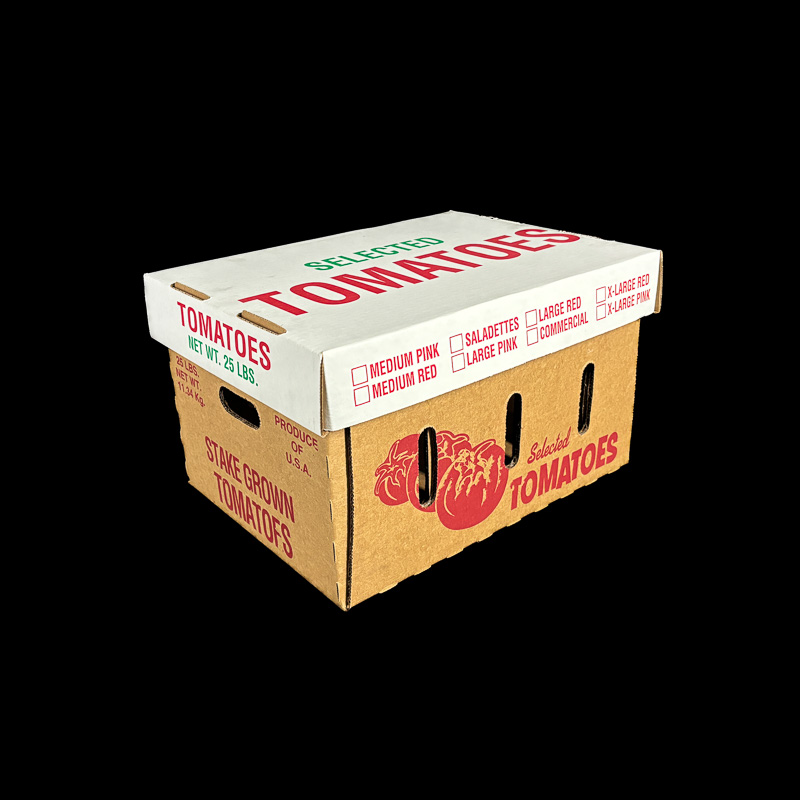 A bulk box for 25 pounds of fresh tomatoes.