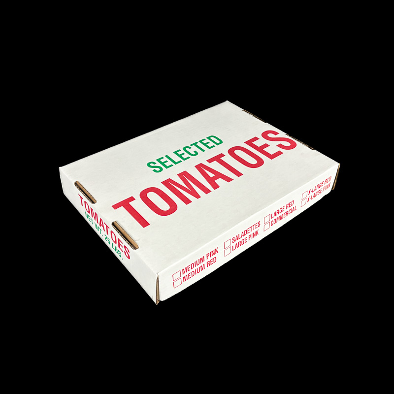 A bulk box lid for 25 pounds of fresh tomatoes.