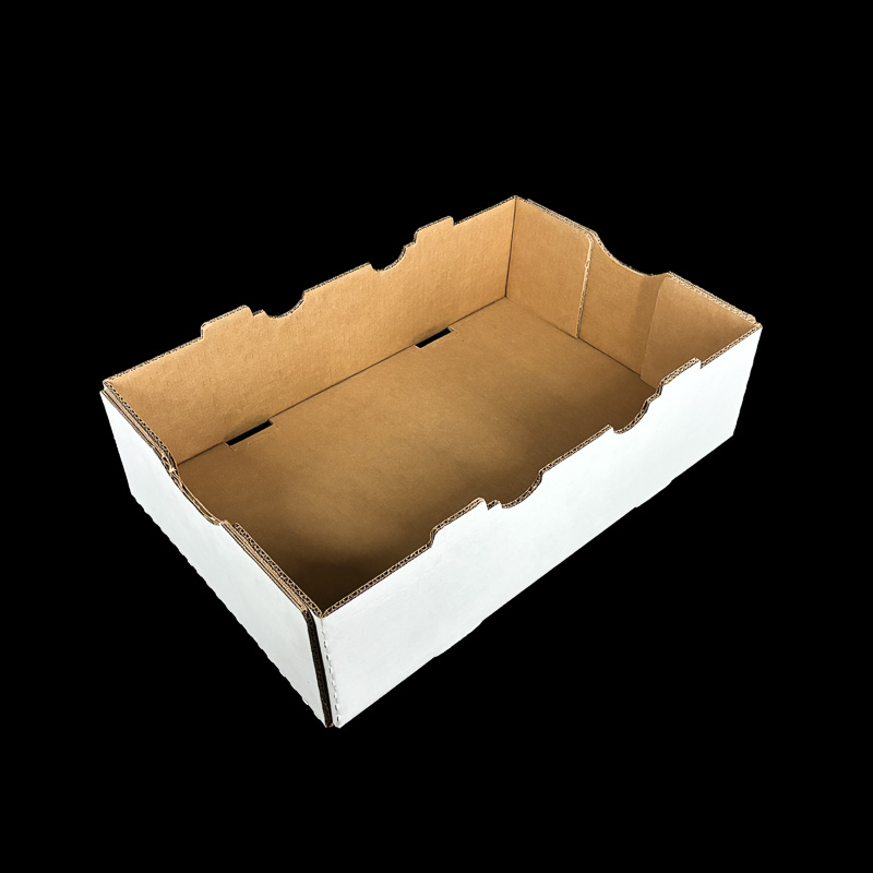 A 6 inch deep plain white box for holding fresh produce.