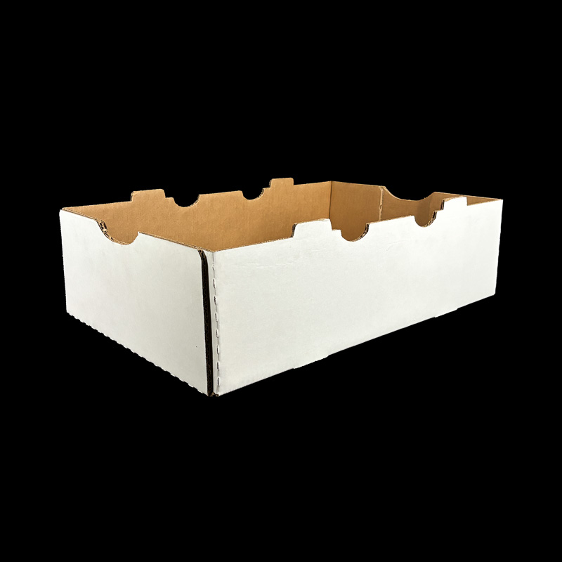 A 6 inch deep plain white box for holding fresh produce.