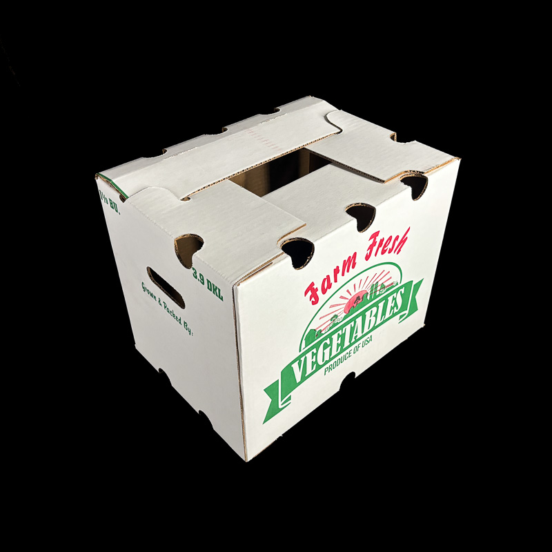A corrugated box for holding 1 1/9 bushels of fresh vegetables.