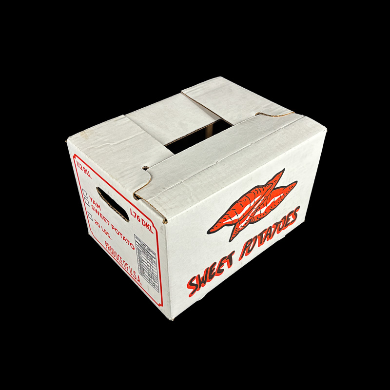 A corrugated bulk box for sweet potatoes.