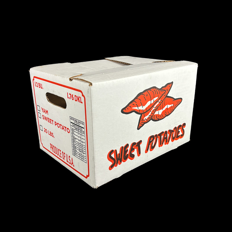 A corrugated bulk box for sweet potatoes.