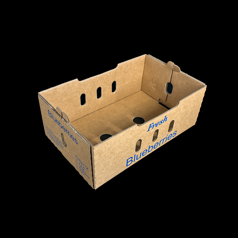 A Kraft produce box for holding 18 ounce blueberry clamshells.