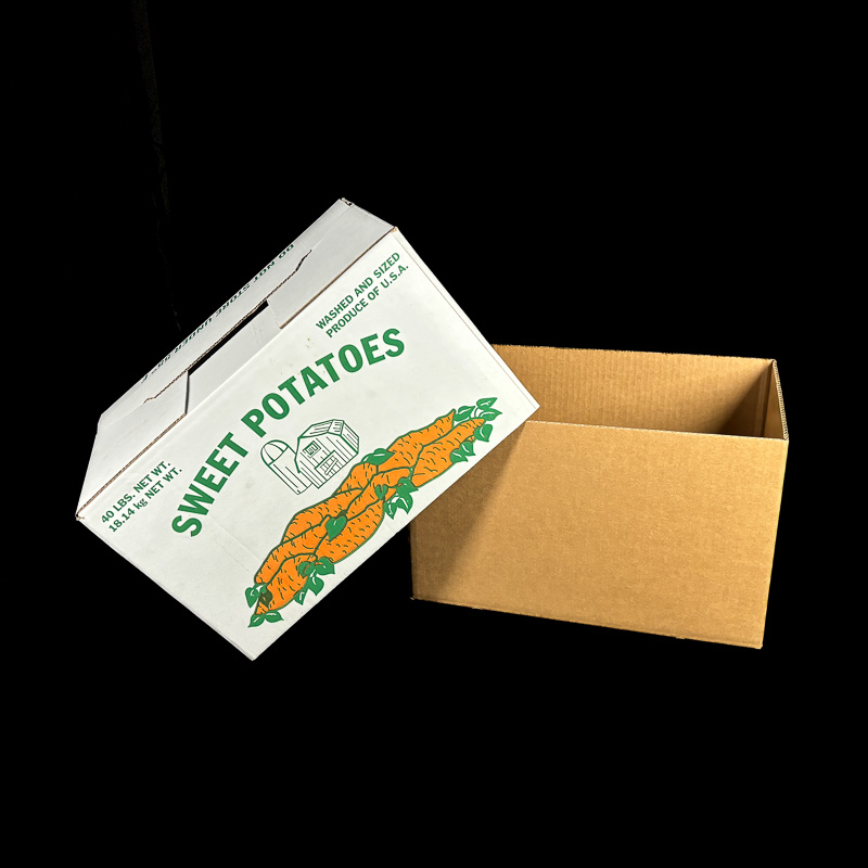 A produce box for holding 40 pounds of sweet potatoes.