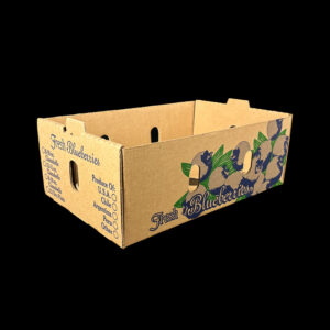 A produce box for holding 18 ounce blueberry clamshells.