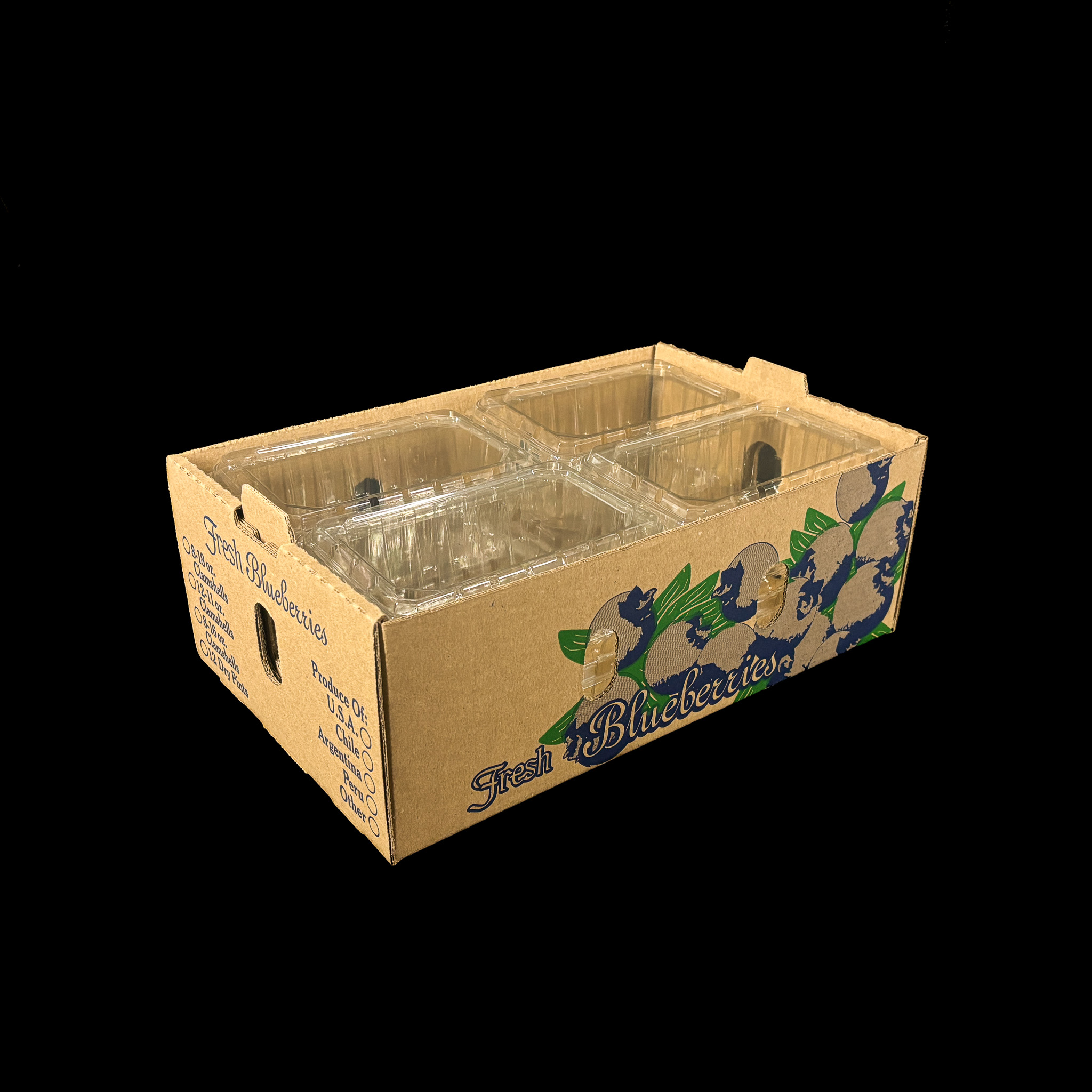 A produce box for holding 18 ounce blueberry clamshells.