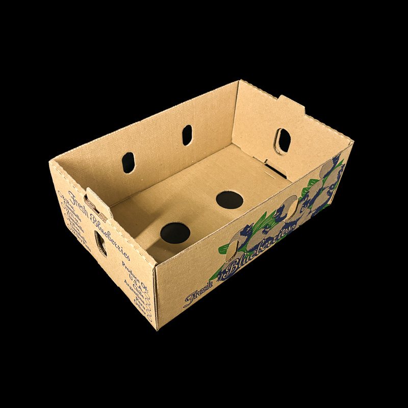 A produce box for holding 18 ounce blueberry clamshells.