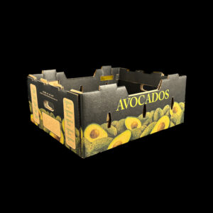 An open top produce box for holding fresh avocados.