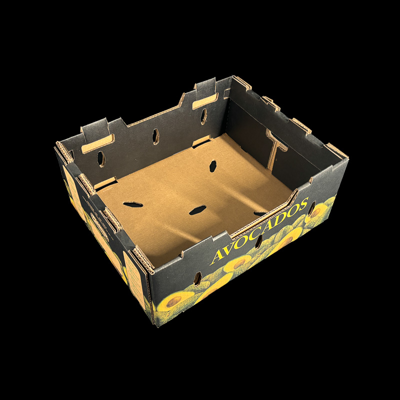 An open top produce box for holding fresh avocados.