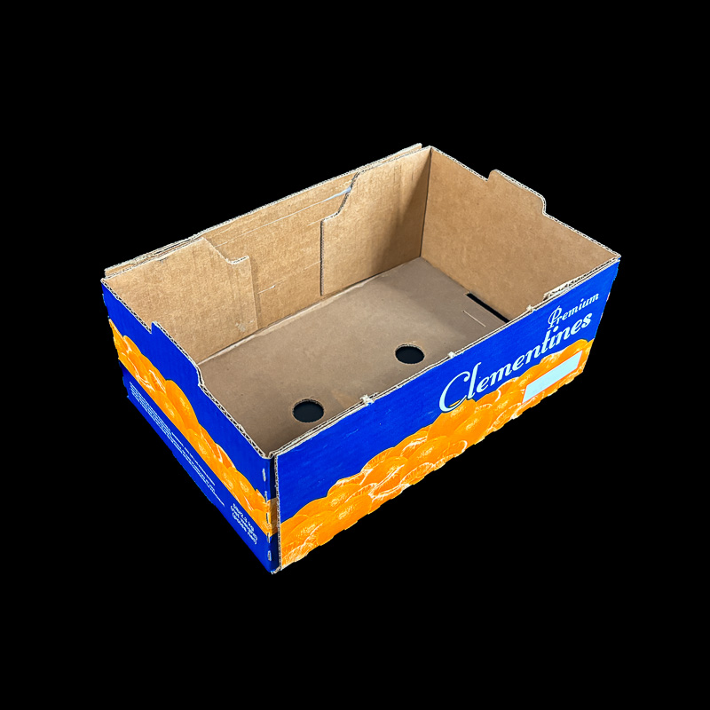 A corrugated box for holding 5 pounds of clementines.