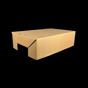 A plain, Kraft lid for a produce box that holds fresh pears and apples.