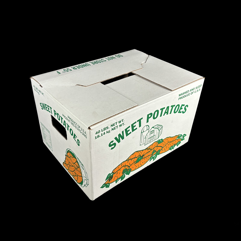 A lid for a produce box for holding sweet potatoes.