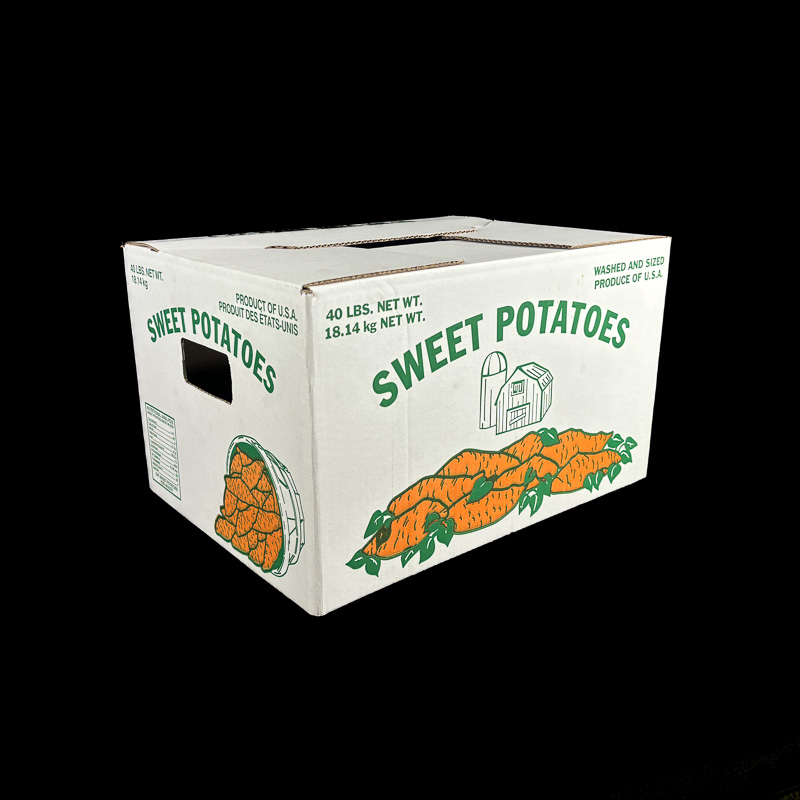A lid for a produce box for holding sweet potatoes.