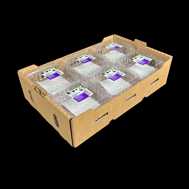 A Kraft box for 6 ounce clamshells of fresh berries.