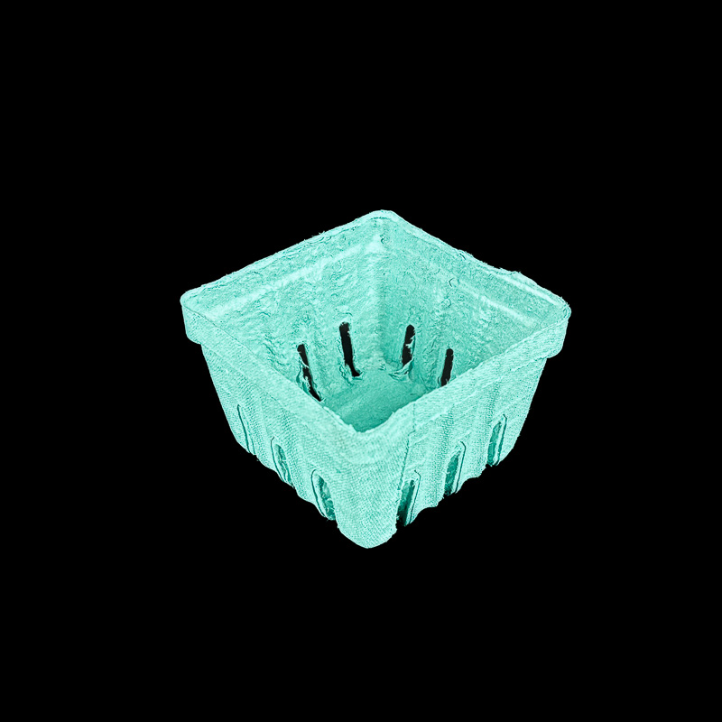 A mint green pulp container for holding fresh berries.