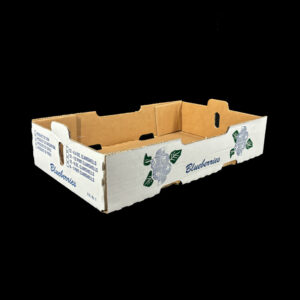 A low-profile produce box for holding blueberry clamshells.