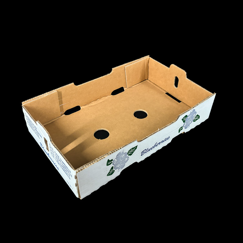 A low-profile produce box for holding blueberry clamshells.