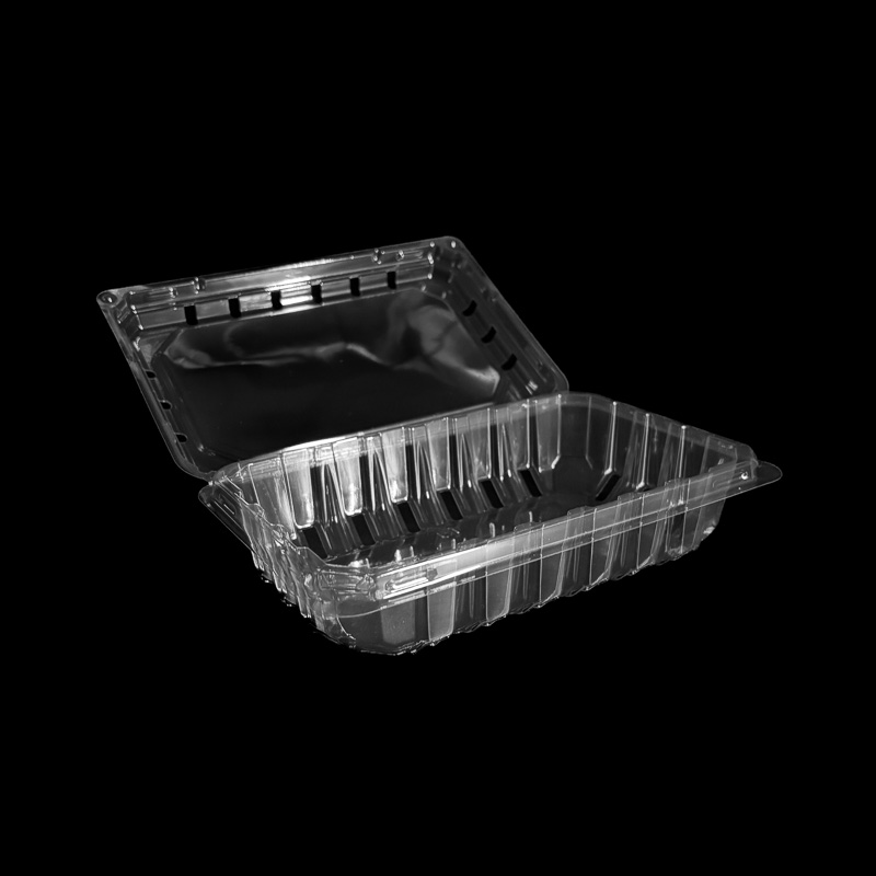 An open clear 11 ounce clamshell for blueberries.