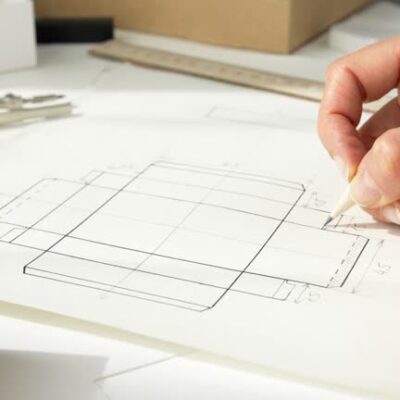 Designer draws a mockup for crafting a cardboard box.