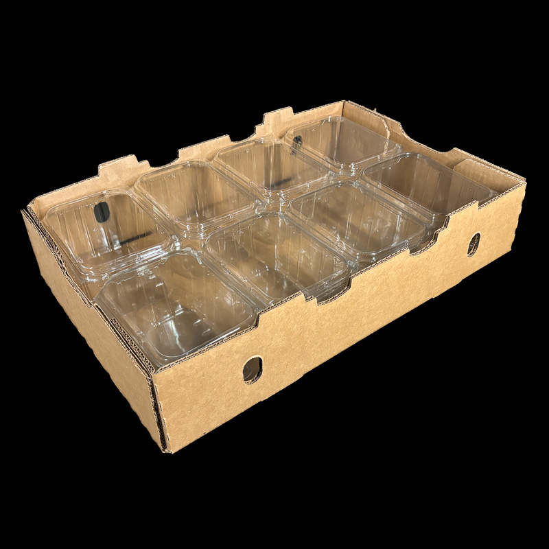 A 4.5 inch deep Kraft box for holding clamshells of fresh produce.