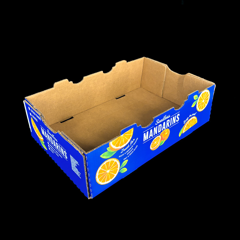 An open top, corrugated box for fresh citrus.