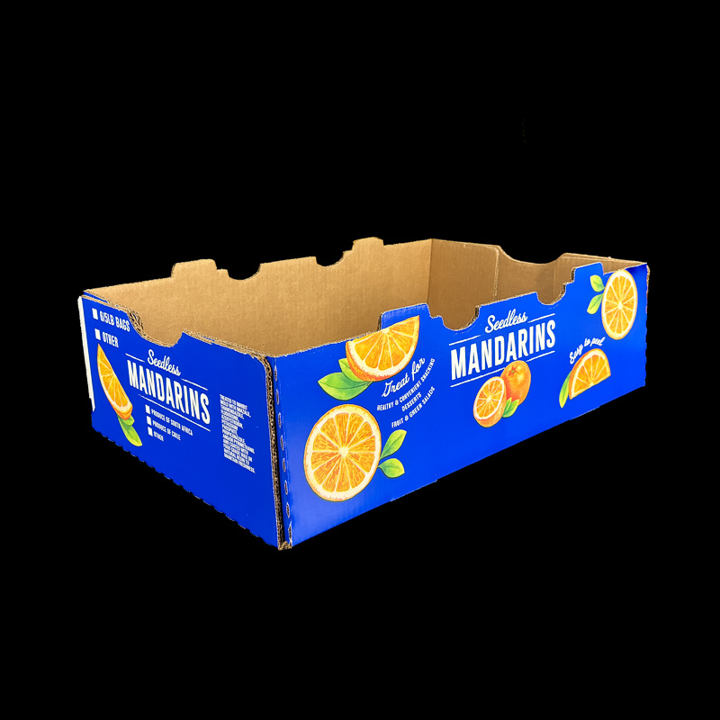 An open top, corrugated box for fresh citrus.