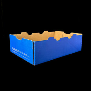 A 6.5 inch deep blue corrugated box for 30 pounds of citrus.