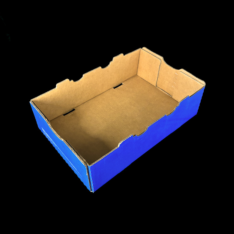 A 6.5 inch deep blue corrugated box for 30 pounds of citrus.