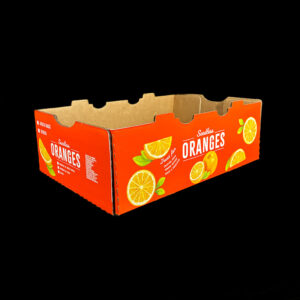 A 7.5" deep corrugated box for holding fresh oranges.