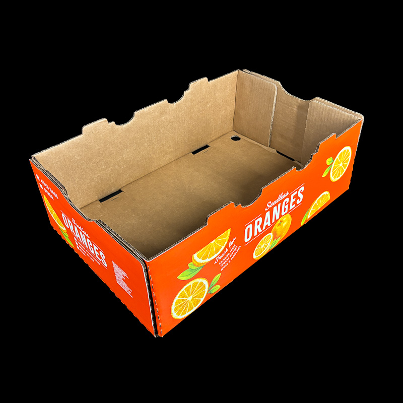 A 7.5" deep corrugated box for holding fresh oranges.
