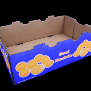 An open top Sweet Mandarin stock box for holding 30 pounds of bagged citrus.
