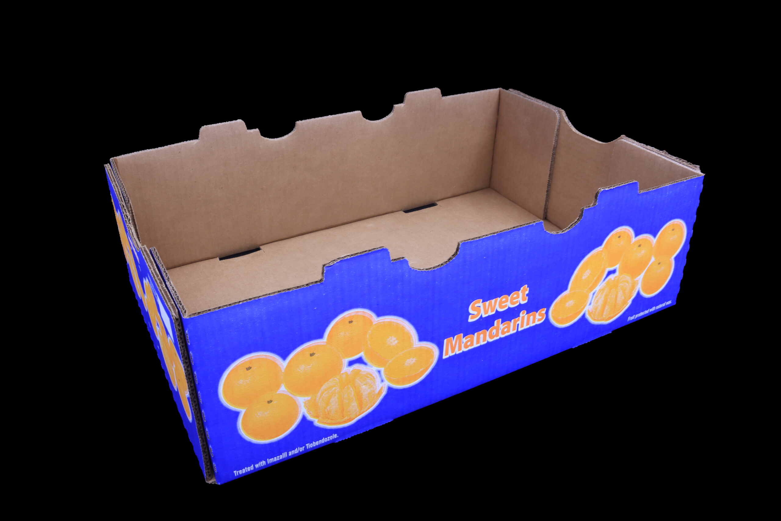 An open top Sweet Mandarin stock box for holding 30 pounds of bagged citrus.