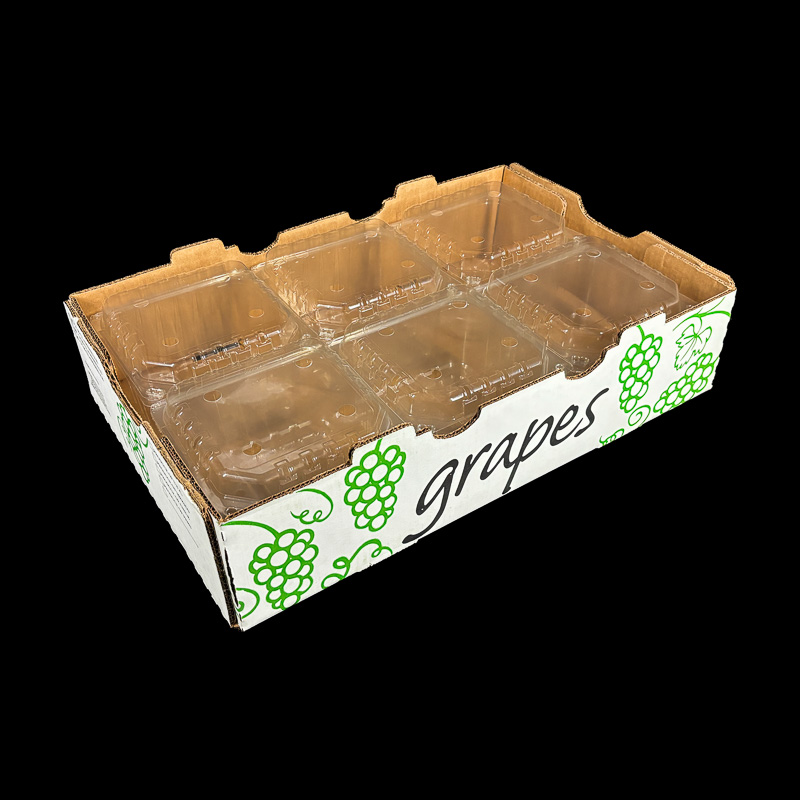 An open top box for holding 2 pound or 3 pound clamshells of grapes.