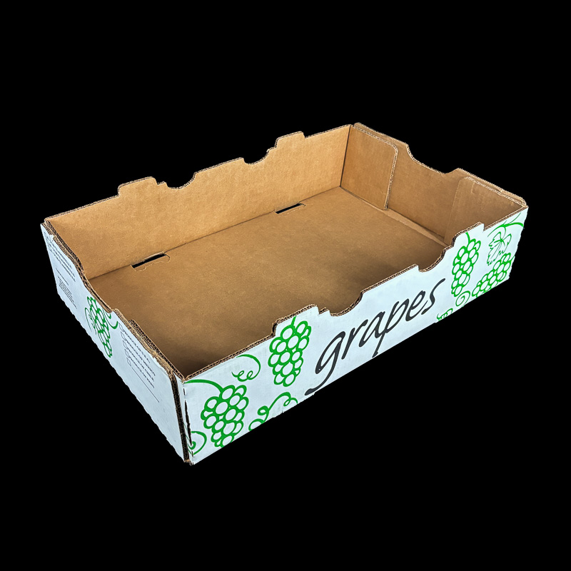 An open top box for holding 2 pound or 3 pound clamshells of grapes.