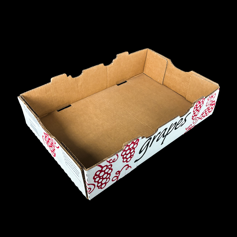 An open top box for holding 2 pound or 3 pound clamshells of grapes.