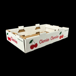 An open top box with cherry stock print for holding 11 pounds of cherries.