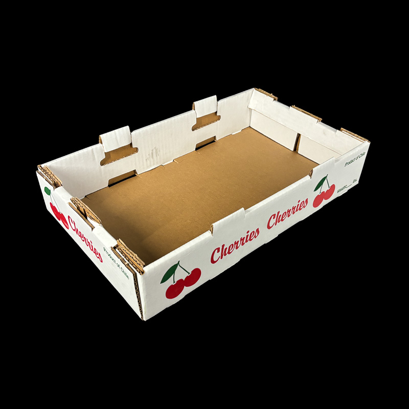 An open top box with cherry stock print for holding 11 pounds of cherries.