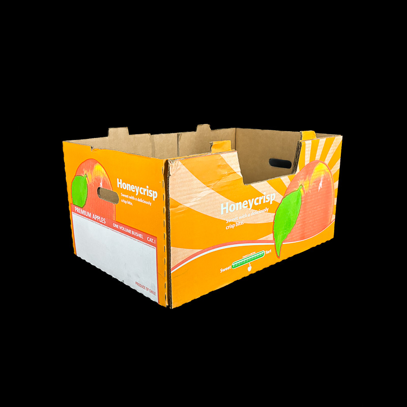 An open top bulk produce box for fresh apples.