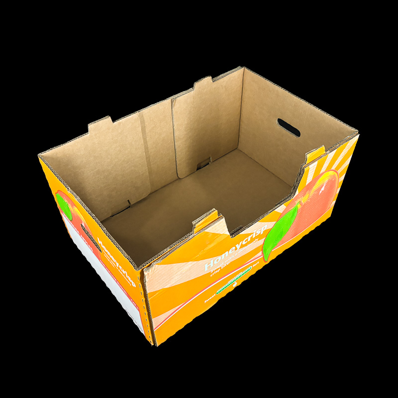 An open top bulk produce box for fresh apples.