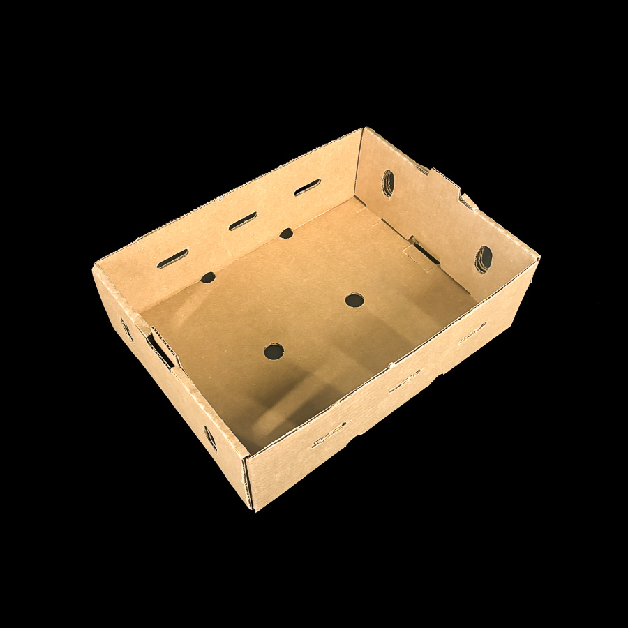 A plain Kraft corrugated box for holding kiwi.