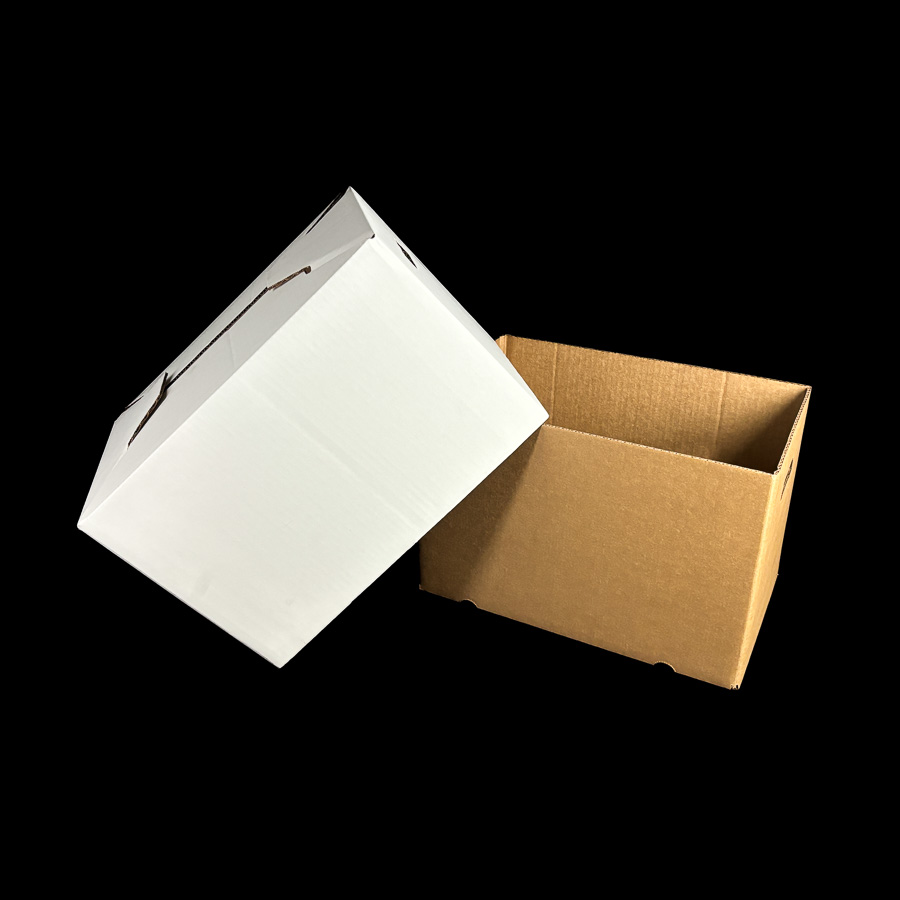 A plain Kraft box with a white lid for holding fresh produce.