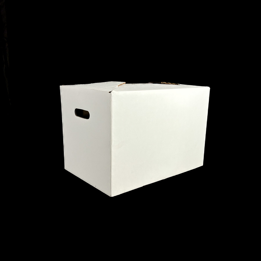 A plain white box lid for holding fresh produce.